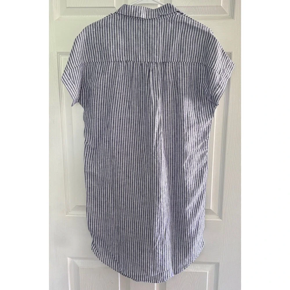 TAHARI 100% Linen Blue White Stripe‎ Collared Short Sleeve Midi Shirt Dress XS - Picture 2 of 6